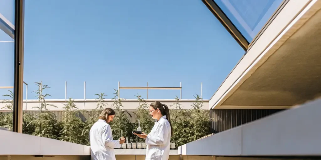 Chercheuses en blouse analysant des plantes dans un laboratoire extérieur moderne avec végétation et architecture contemporaine.