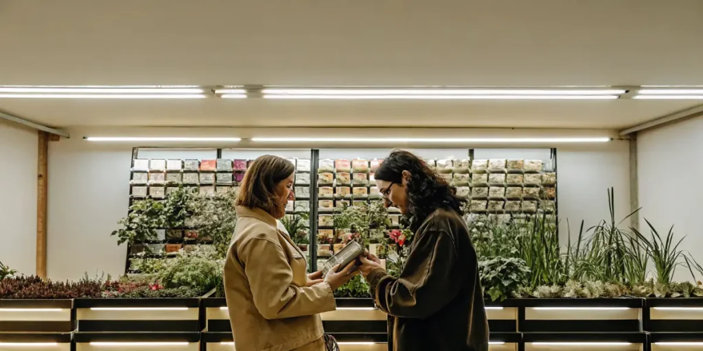 deux personnes examinent des paquets de graines dans un magasin de jardinage moderne.