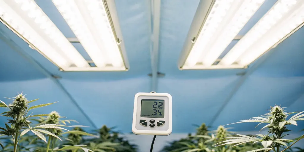 Appareil de contrôle affichant la température et l’humidité dans une salle de culture de cannabis en intérieur.