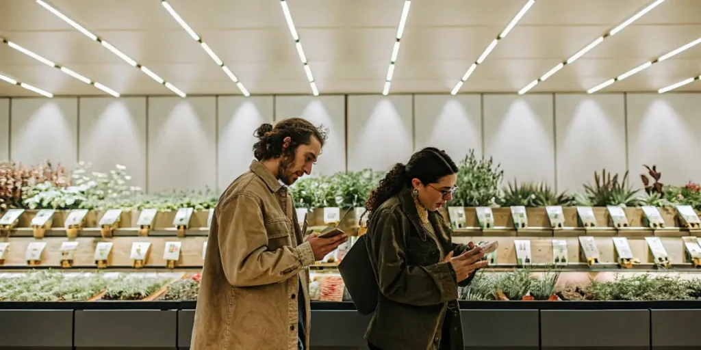un couple observe attentivement des sachets de graines dans un magasin lumineux rempli de plantes.