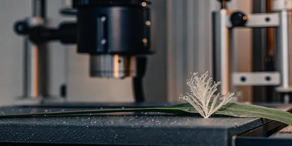 Cristaux de terpènes de cannabis observés en laboratoire sur une surface technique avec équipement scientifique en arrière-plan.