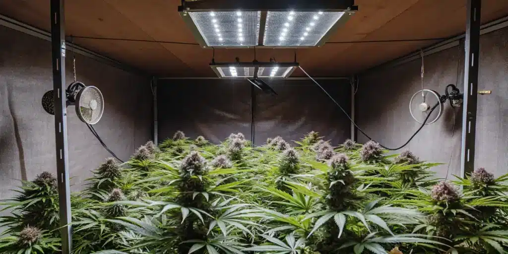 culture de cannabis en intérieur sous lampes LED puissantes et ventilateurs muraux