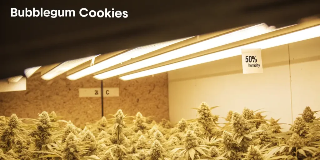 culture intérieure de cannabis Bubblegum Cookies sous lumières LED avec 50 % d’humidité.