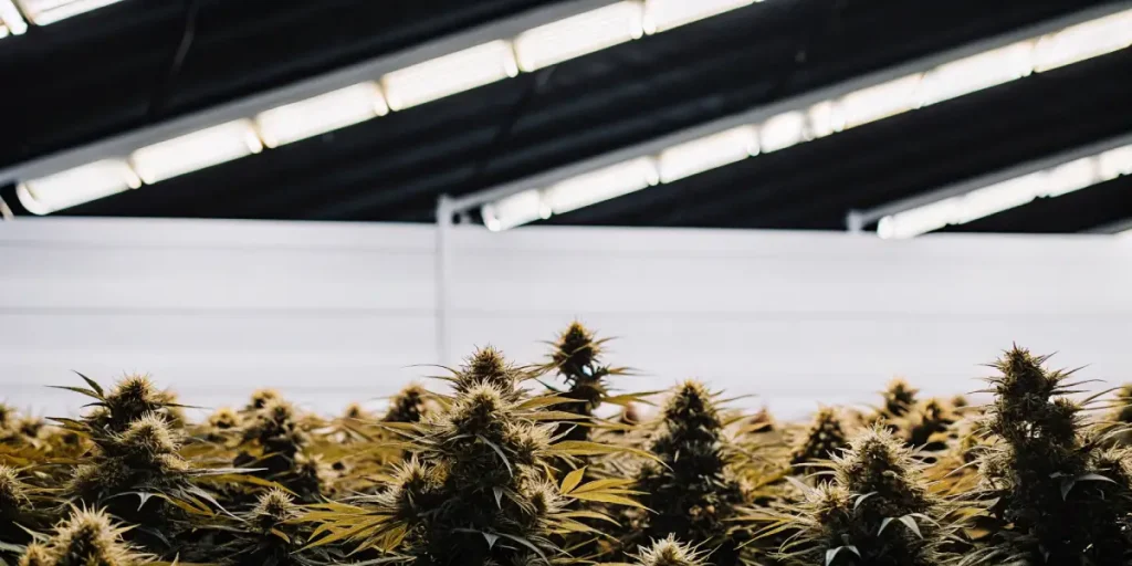 culture de cannabis en serre moderne avec éclairage artificiel et rangées de plantes