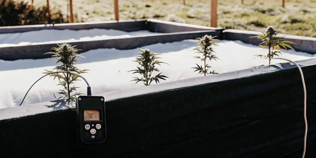 jeunes plants de cannabis en extérieur avec capteur d’humidité.