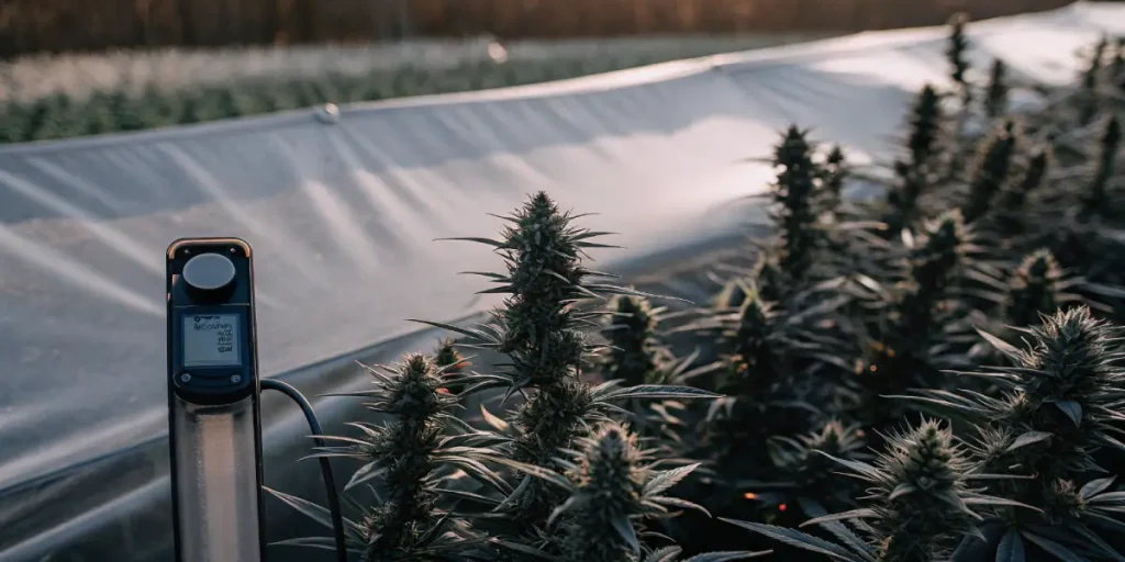 capteur mesurant la lumière dans une culture extérieure de cannabis au coucher du soleil.