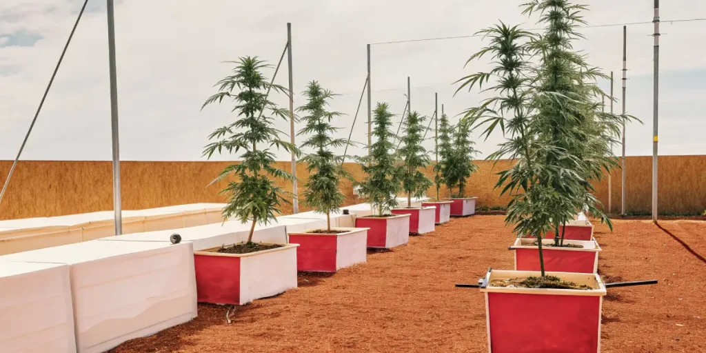 culture extérieure de cannabis avec des plants alignés dans des pots rouges sur sol argileux.