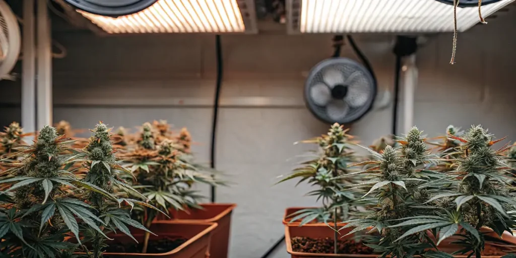 culture intérieure de cannabis Bubblegum Sherbet sous lumières LED et ventilateur.