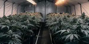 installation moderne de culture intérieure de cannabis avec lumières LED.