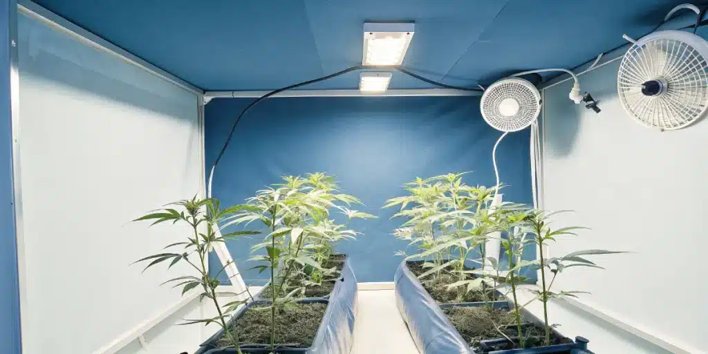 Culture intérieure de cannabis avec jeunes plantes sous éclairage LED et ventilateurs muraux.