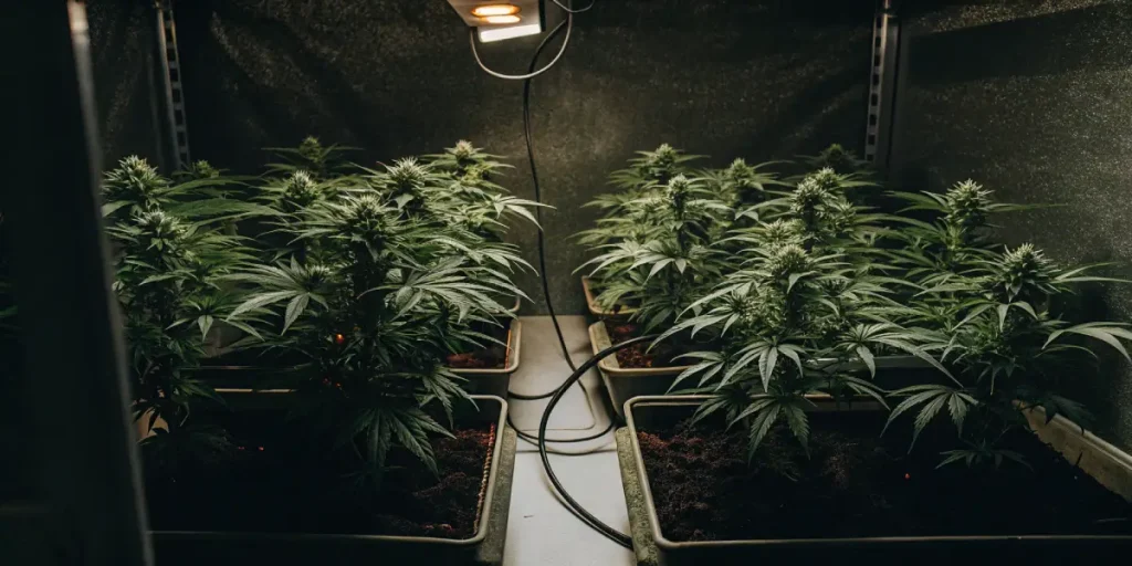 culture intérieure de cannabis sous lumière chaude avec plusieurs plants en pots rectangulaires.