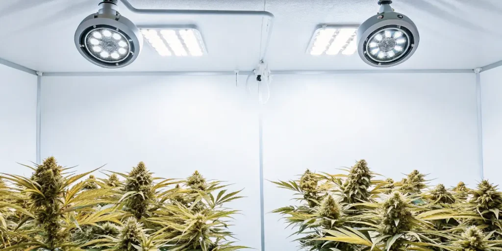 culture intérieure de cannabis sous lumière LED blanche mettant en avant des fleurs denses.