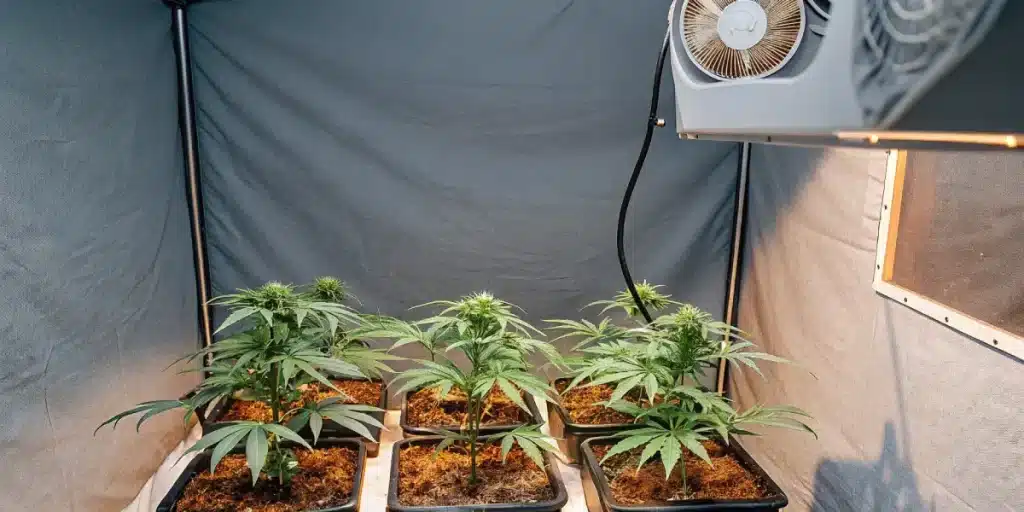 jeunes plants de cannabis cultivés en intérieur sous lumière LED et ventilation contrôlée.