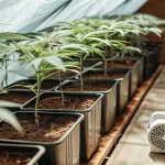 Jeunes plants de cannabis en pots alignés avec un système de ventilation.