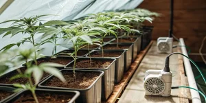 Jeunes plants de cannabis en pots alignés avec un système de ventilation.
