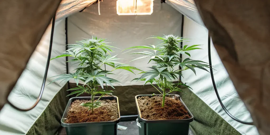 Deux plants de cannabis cultivés en pots sous éclairage intérieur dans une tente de culture.