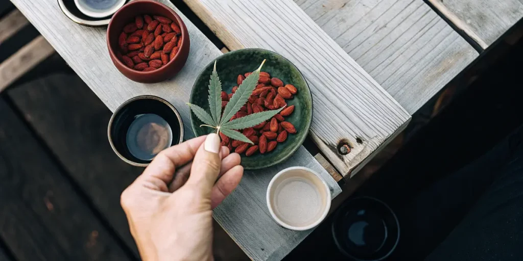 Feuille de cannabis tenue au-dessus d’un bol de baies de goji sur une table en bois.
