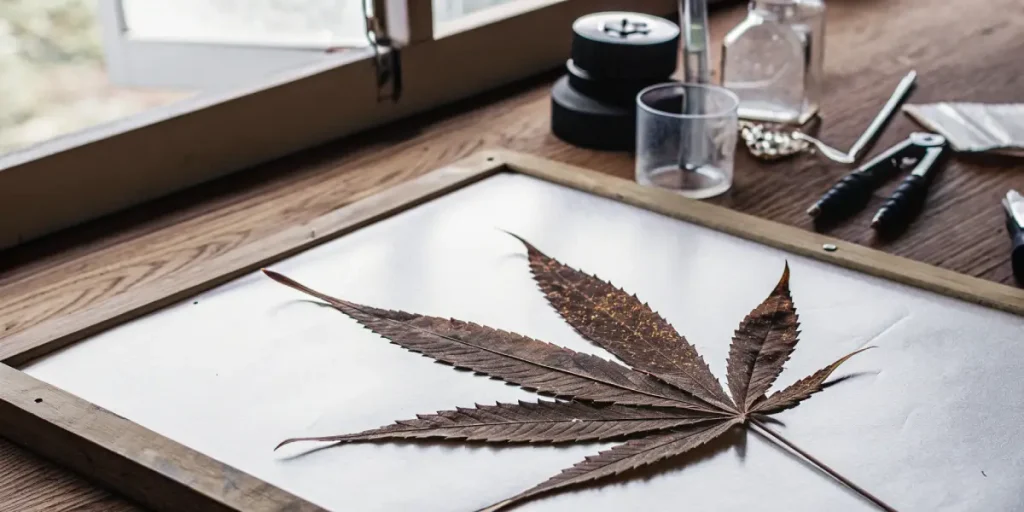 Feuille de cannabis pressée et encadrée sur une table de travail pour observation scientifique et étude morphologique.