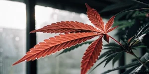 Feuille de cannabis rouge éclairée naturellement en culture intérieure, avec nervures nettes et texture végétale détaillée.