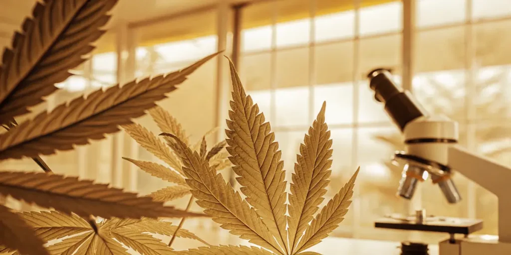 Feuilles de cannabis éclairées par une lumière dorée, examinées à proximité d’un microscope en environnement scientifique.