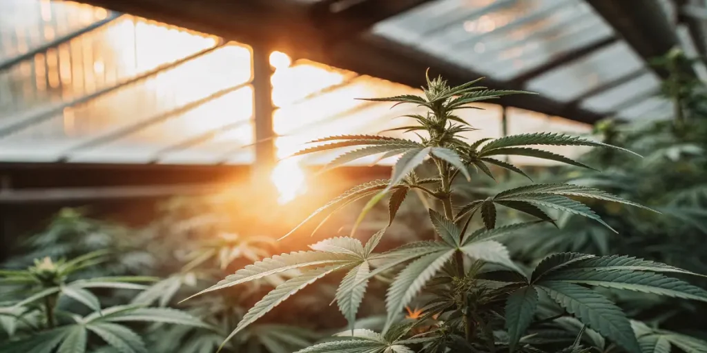 Feuilles de cannabis éclairées par un lever de soleil à travers une serre.