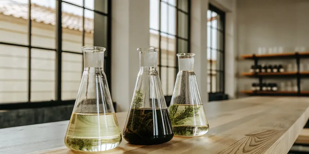 Fioles de laboratoire remplies d'extraits de cannabis clairs et foncés, disposées sur un plan de travail en environnement scientifique.