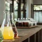 Flacons en verre contenant différentes solutions liquides de cannabis alignés sur une table de laboratoire éclairée naturellement.