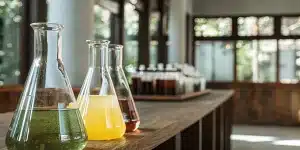 Flacons en verre contenant différentes solutions liquides de cannabis alignés sur une table de laboratoire éclairée naturellement.