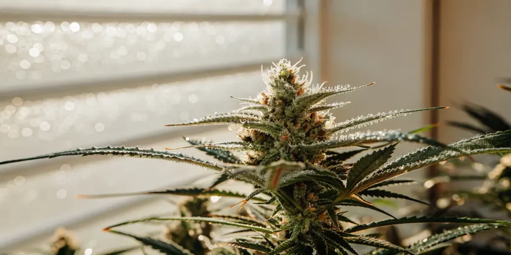 Fleur de cannabis riche en trichomes éclairée par la lumière naturelle près d'une fenêtre.