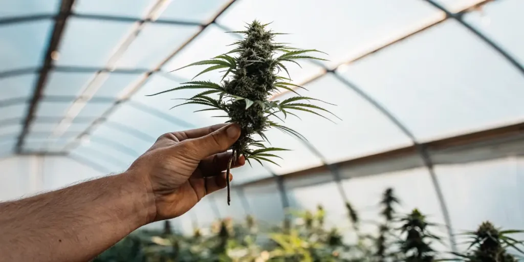 une main montre une fleur de cannabis dense dans une serre de culture professionnelle.