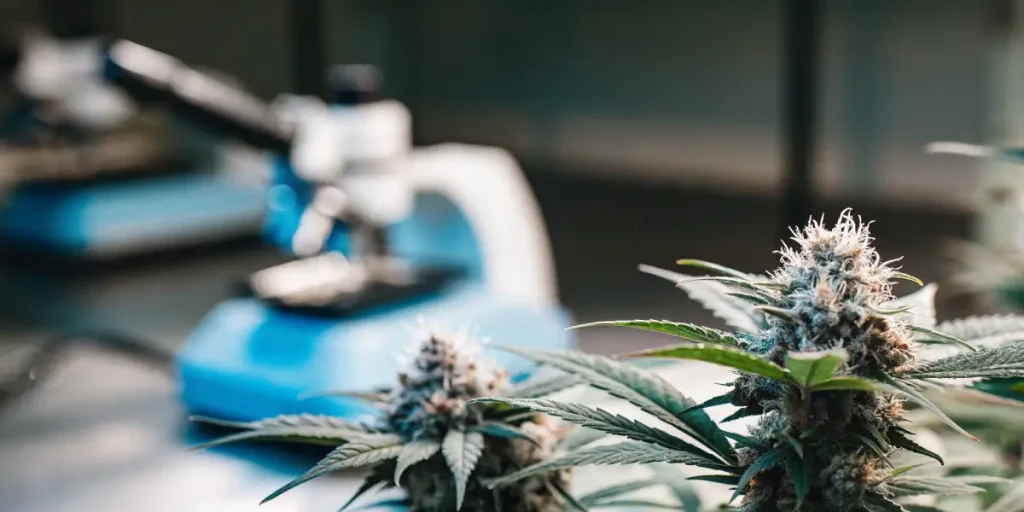 Fleurs de cannabis analysées en laboratoire sur une surface technique avec équipements scientifiques en arrière-plan.