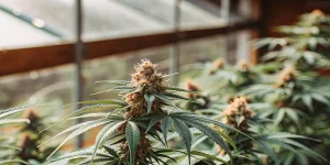 Fleurs de cannabis en floraison cultivées dans une serre, avec lumière naturelle et feuillage vert détaillé.