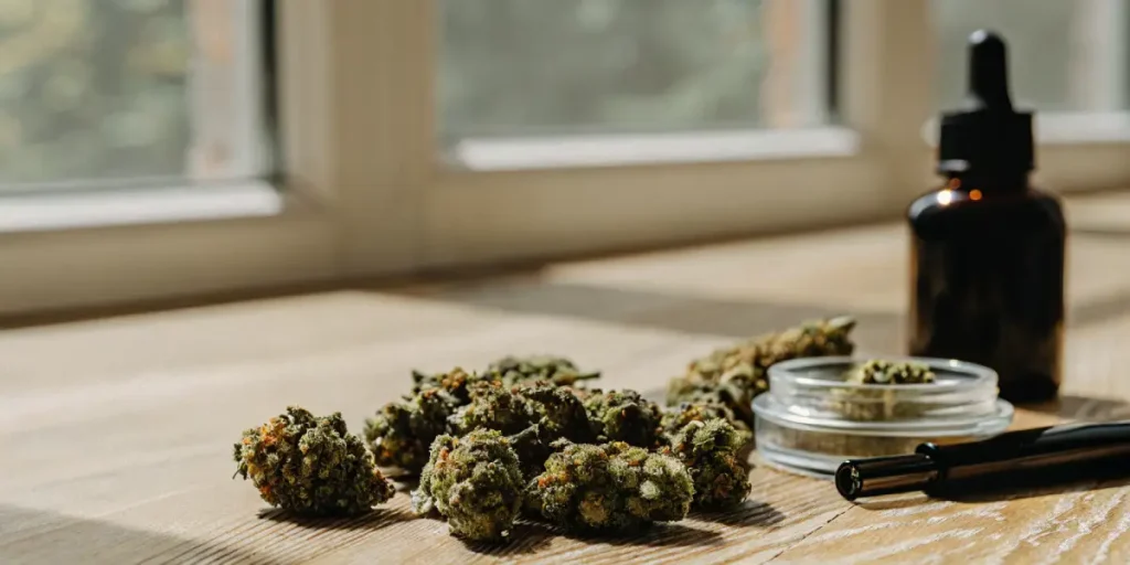 Fleurs de cannabis riches en résine accompagnées d’un flacon compte-gouttes et d’un récipient en verre sur une table en bois