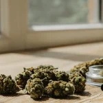 Fleurs de cannabis riches en résine accompagnées d’un flacon compte-gouttes et d’un récipient en verre sur une table en bois
