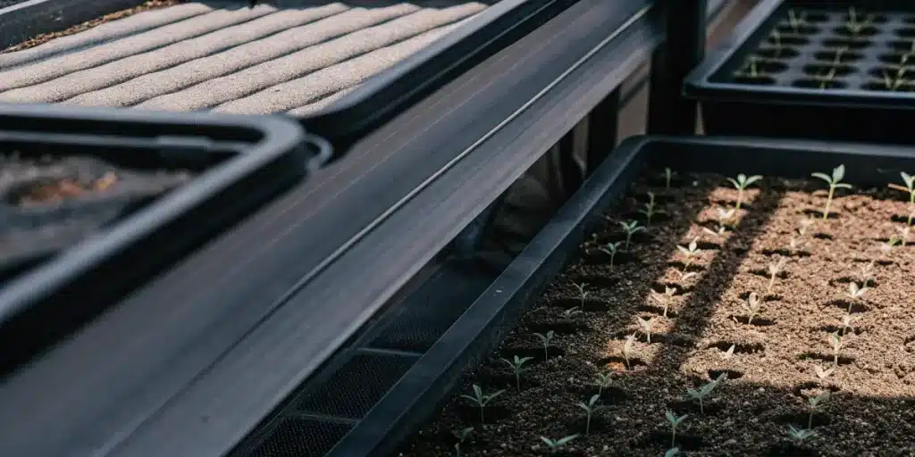 germination de plantules de cannabis dans des plateaux de culture.