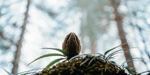 Gros plan d’une graine de cannabis robuste poussant sur de la mousse en forêt, éclairée par une lumière douce.