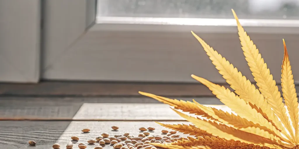 des graines de cannabis disposées sur une table en bois avec une feuille dorée éclairée par le soleil.