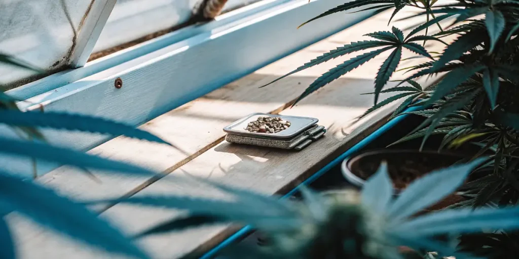Graines de cannabis disposées sur une petite balance de précision entre des plantes dans une serre.