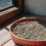 des graines de cannabis sèchent au soleil dans un plateau en bois près d’une fenêtre.