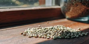 un tas de graines de cannabis posé sur une table en bois à la lumière naturelle.