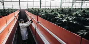 Scientifique vérifiant un système d’irrigation dans une serre moderne remplie de plants de cannabis en croissance.