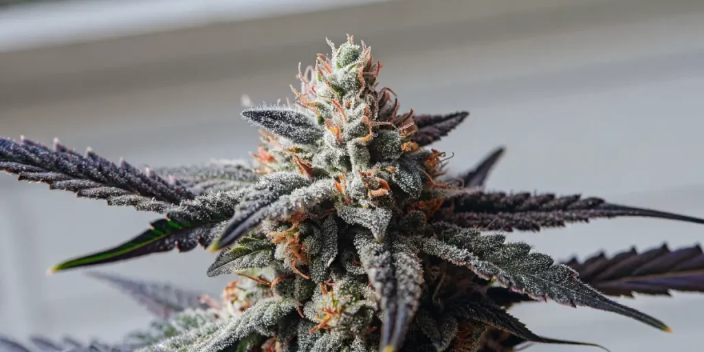 gros plan d’un bourgeon de cannabis couvert de trichomes givrants et pistils orange