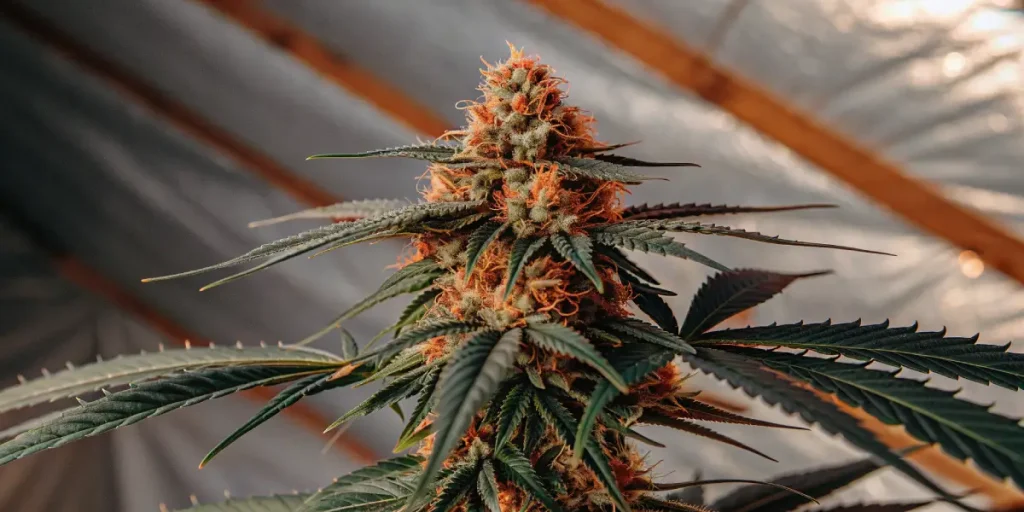 gros plan d’un bourgeon de cannabis en intérieur avec pistils orange et trichomes
