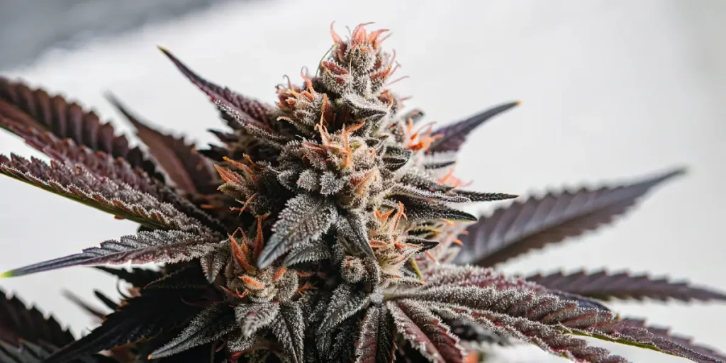 gros plan d’un bourgeon de cannabis avec pistils orange et trichomes givrés