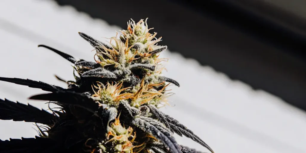 gros plan d’un bourgeon de Bruce Banner #2 aux trichomes brillants et pistils orange sur feuilles sombres.