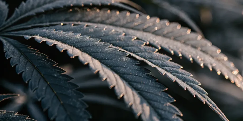 Huile de cannabis présentée avec une feuille dans une boîte en bois, posée sur une surface extérieure éclairée naturellement.
