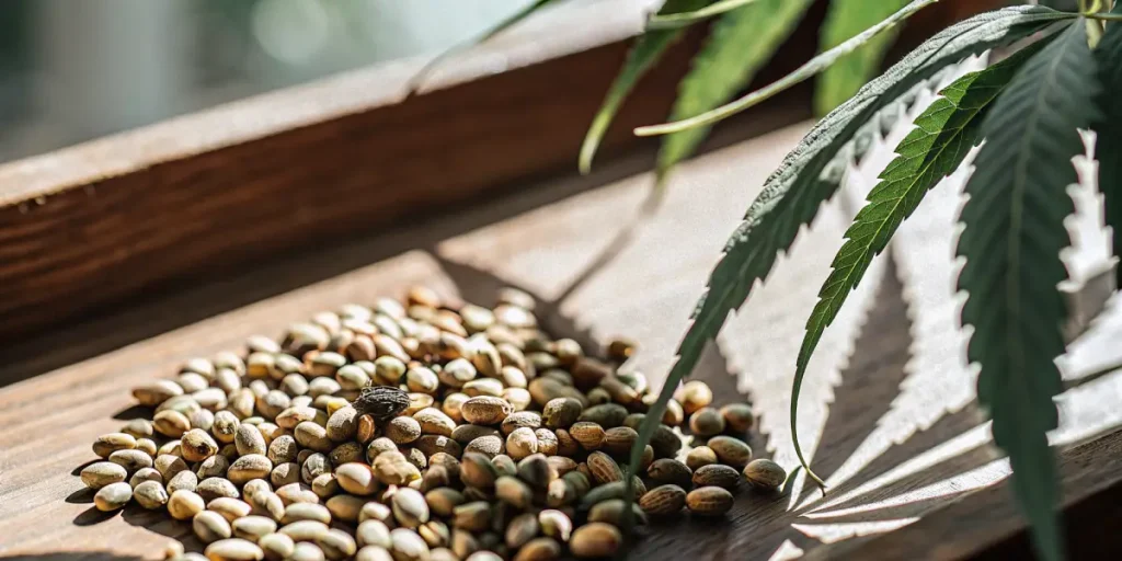 Assortiment de graines de cannabis soigneusement disposées sur une surface en bois, mettant en valeur leur couleur, leur texture et leur maturité sous une lumière naturelle douce.