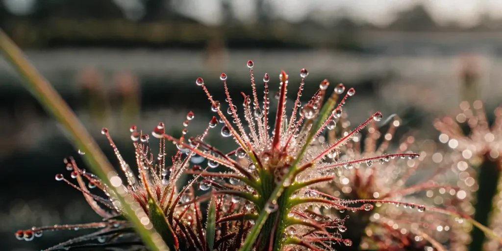 Gros plan de trichomes de cannabis couverts de gouttelettes, brillants sous la lumière naturelle avec arrière-plan flou.