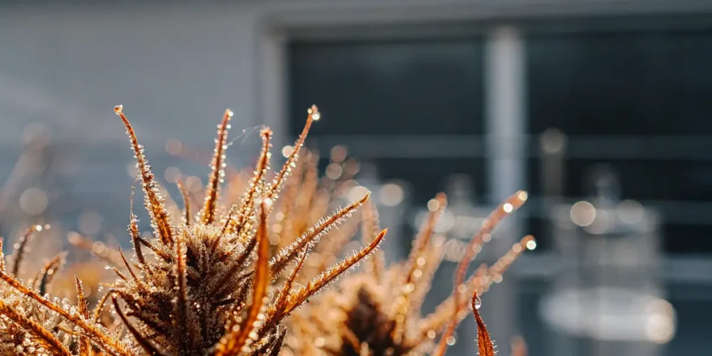 Gros plan de trichomes de cannabis brillants observés en laboratoire avec arrière-plan scientifique flou.