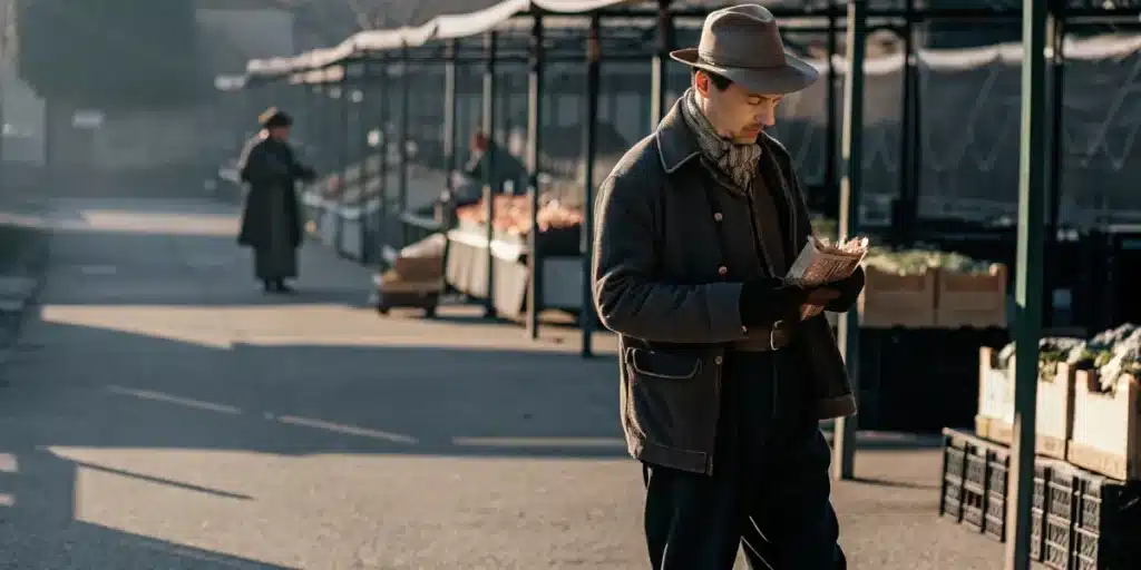 un homme lit un journal dans un marché agricole calme au lever du jour.